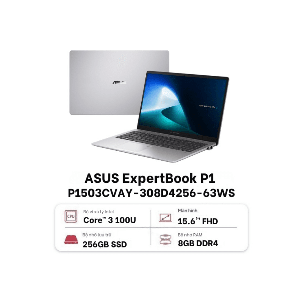 Laptop ASUS ExpertBook P1 P1503CVAY-308D4256-63WS (Core 3 100U | 8GB | 256GB | Intel Graphics | 15.6' FHD | Win 11 + Office Home 2024)