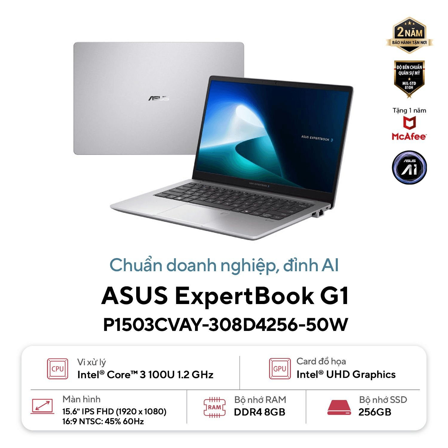 Laptop ASUS ExpertBook P1 P1503CVAY-308D4256-50W (Core 3 100U | 8GB | 256GB | Intel Graphics | 15.6' FHD | Win 11)