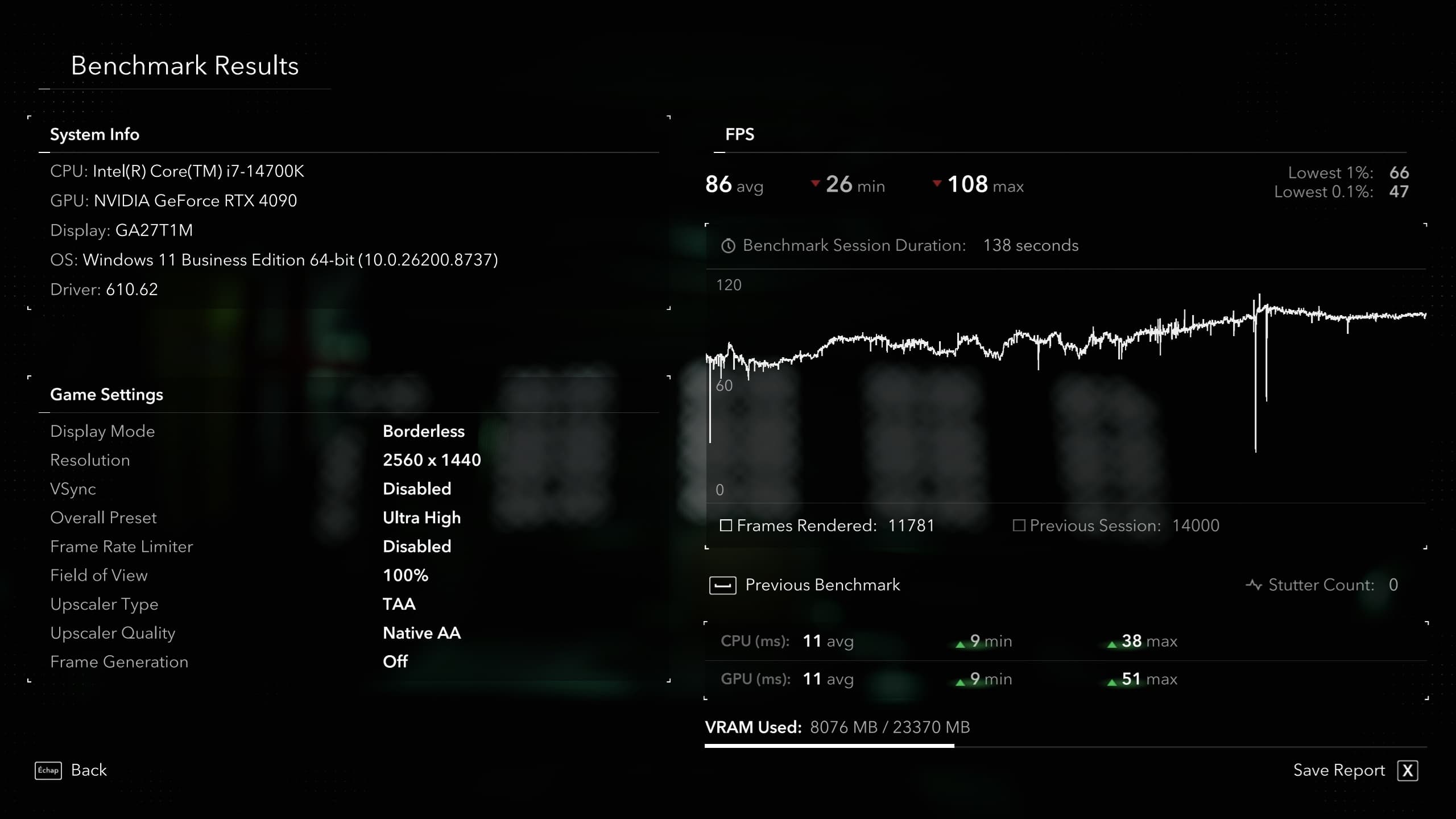 Benchmark trong game Assassin’s Creed Black Flag Resynced hiển thị FPS trung bình 86 FPS trên RTX 4090